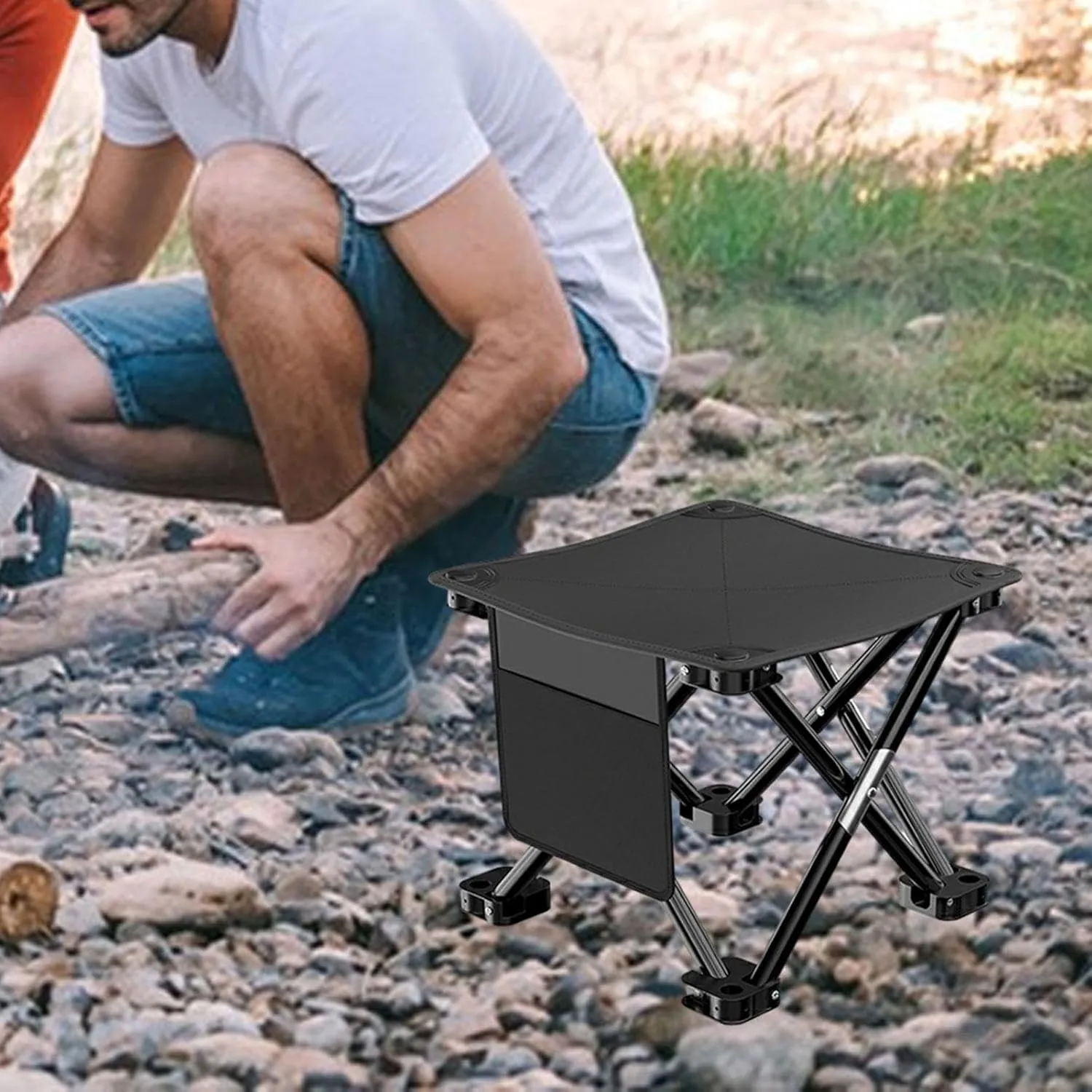 Folding Camping Stool Footstool Multipurpose with Side Pocket Small Foldable Chair for Park Outdoor Camping Travel Picnic, Black, 28cmx28cmx23cm