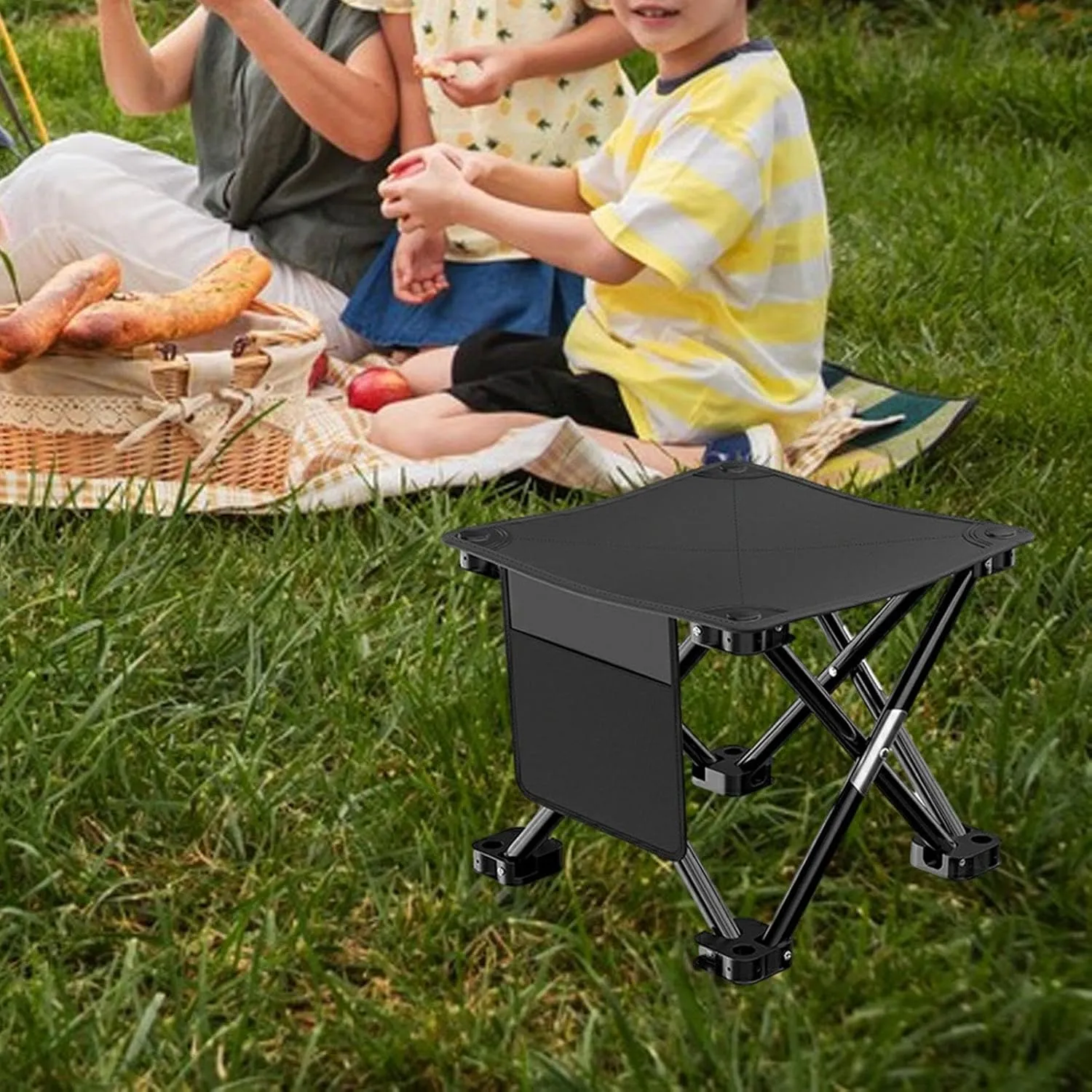 Folding Camping Stool Footstool Multipurpose with Side Pocket Small Foldable Chair for Park Outdoor Camping Travel Picnic, Black, 28cmx28cmx23cm