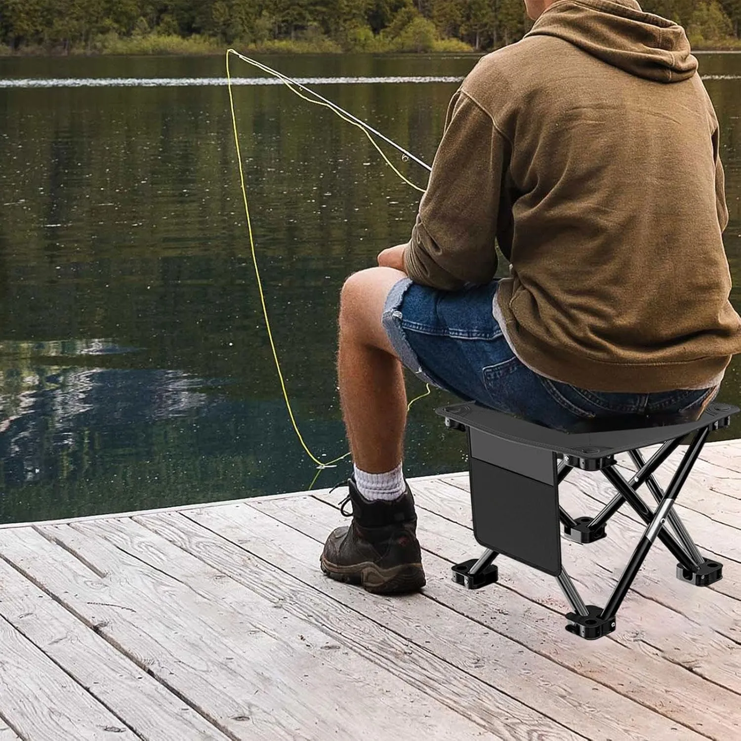 Folding Camping Stool Footstool Multipurpose with Side Pocket Small Foldable Chair for Park Outdoor Camping Travel Picnic, Black, 28cmx28cmx23cm