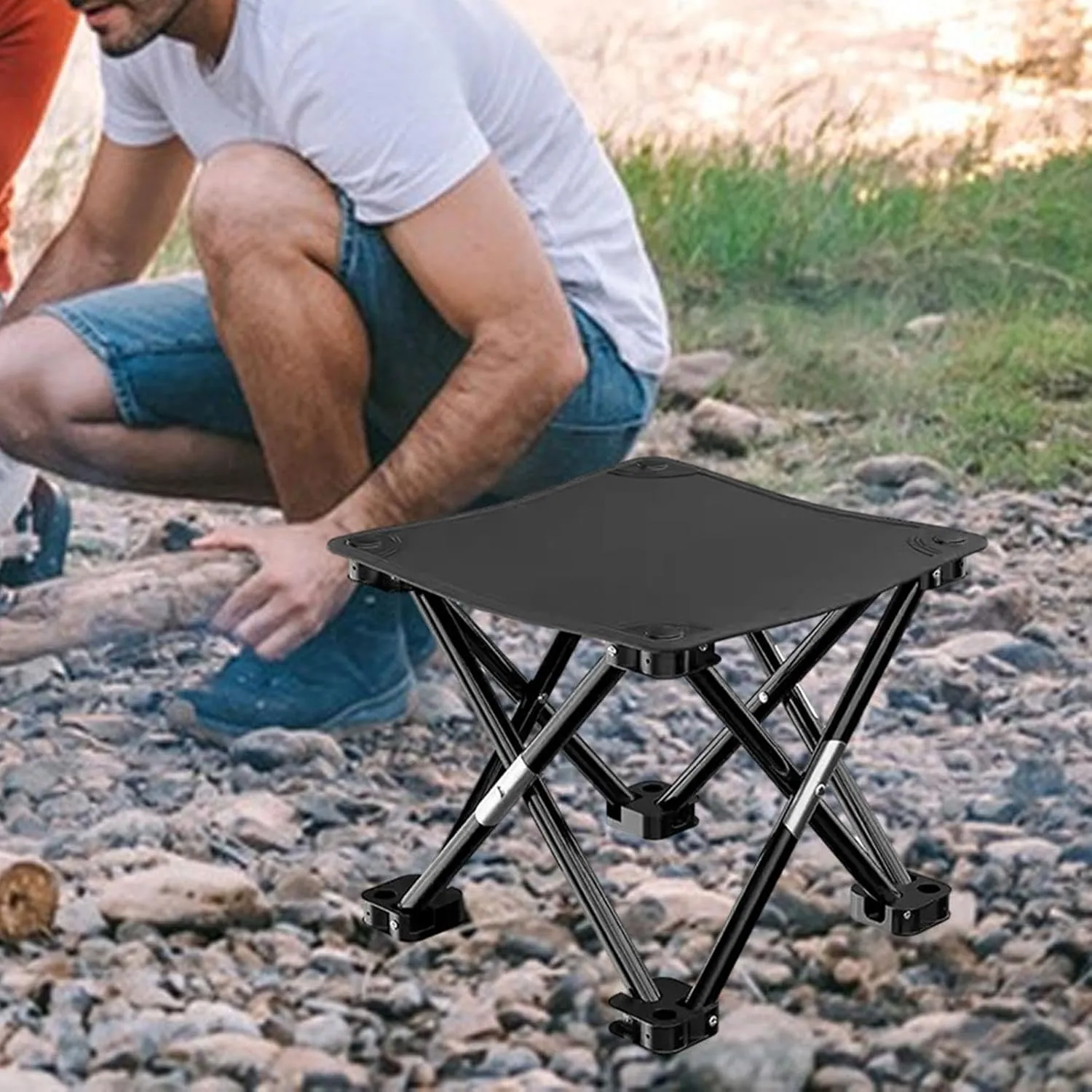 Folding Camping Stool Mini Foldable Chair Compact with Side Pocket Foot Stool for Hiking Patio Camping Traveling Barbecue, Black, 33cmx33cmx32cm