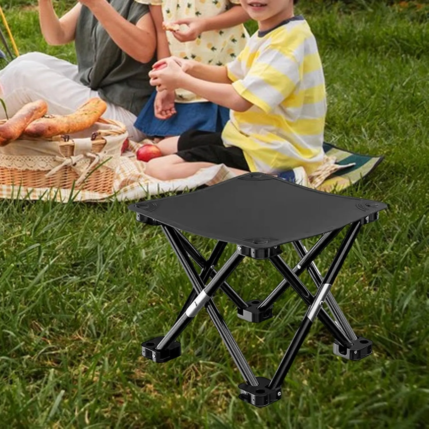 Folding Camping Stool Mini Foldable Chair Compact with Side Pocket Foot Stool for Hiking Patio Camping Traveling Barbecue, Black, 33cmx33cmx32cm