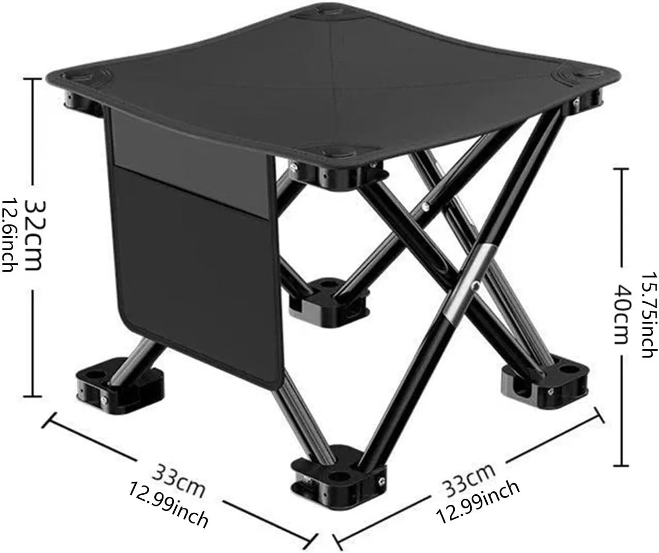 Folding Camping Stool Mini Foldable Chair Compact with Side Pocket Foot Stool for Hiking Patio Camping Traveling Barbecue, Black, 33cmx33cmx32cm
