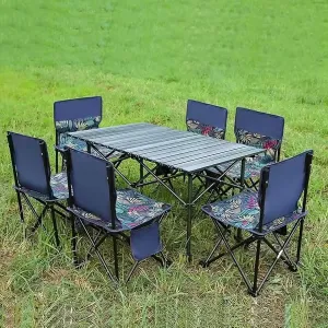 Folding Camping Table with 6 Chair, Folding Garden Chairs Set, Outdoor Camping Chairs Set for Lawn, Picnic, BBQ, Parties,Black
