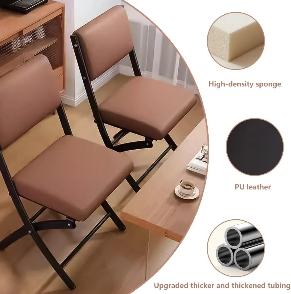 Folding Chair Visitor Chairs Camping Office Chair with Padded Seats, Desk Chair Faux Leather Dining Chairs Foldable Chair Heavy Duty Steel Metal Frame Rest Chair for Home Garden Office(Brown)
