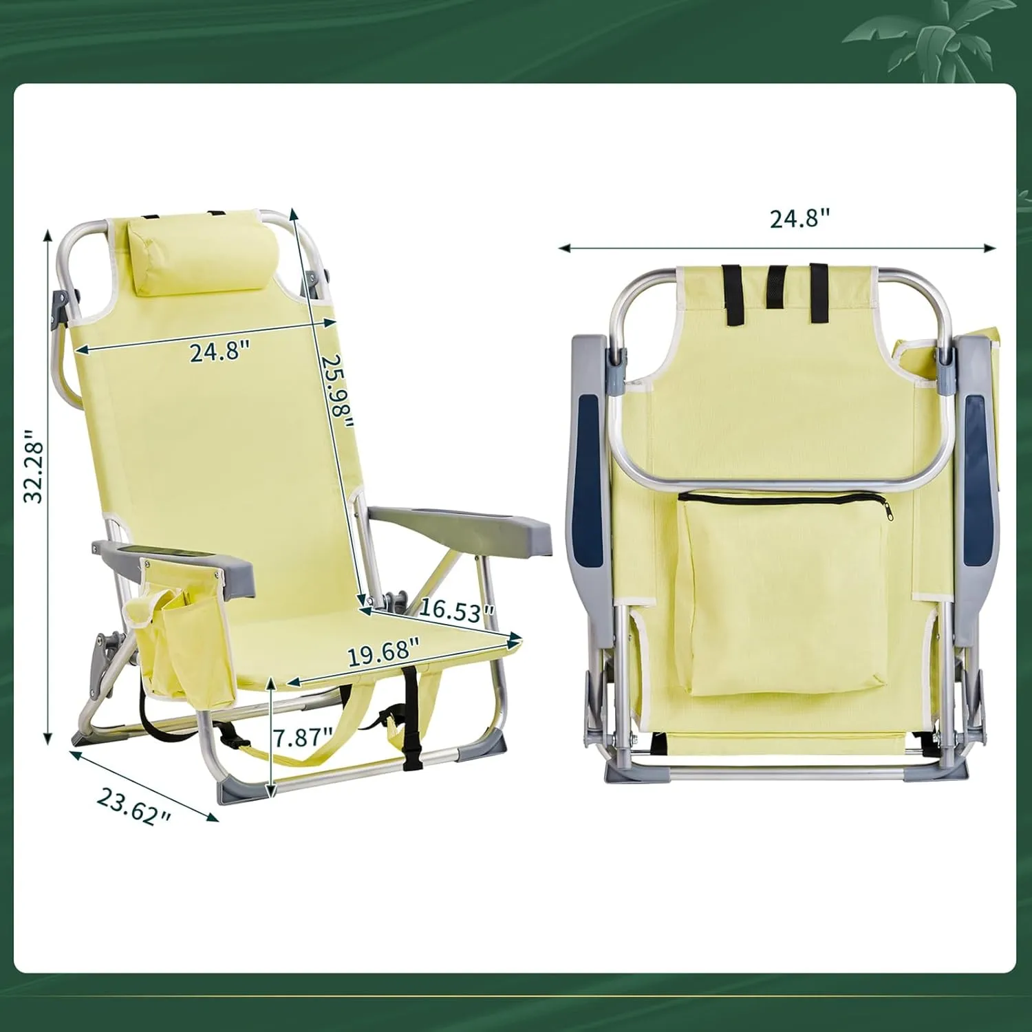 Folding Low Beach Chair for Adults,5 Positions Reclining Camping Chair Aluminum Portable Lawn Chair w/Headrest and Cooler Pockets,Camp Chair for Fishing,Picnics,Sports,Tailgates,220lbs Support,Yellow