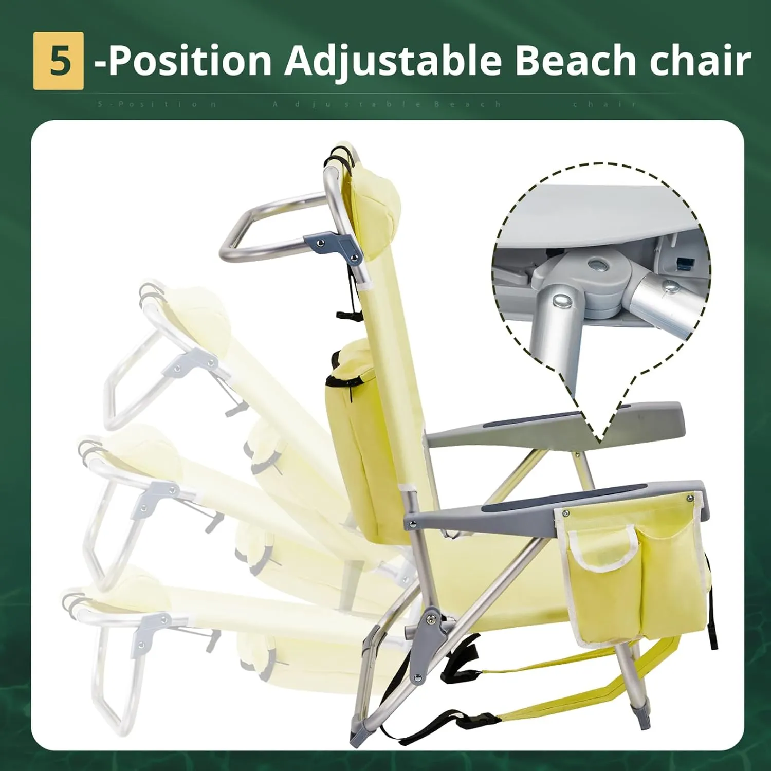 Folding Low Beach Chair for Adults,5 Positions Reclining Camping Chair Aluminum Portable Lawn Chair w/Headrest and Cooler Pockets,Camp Chair for Fishing,Picnics,Sports,Tailgates,220lbs Support,Yellow