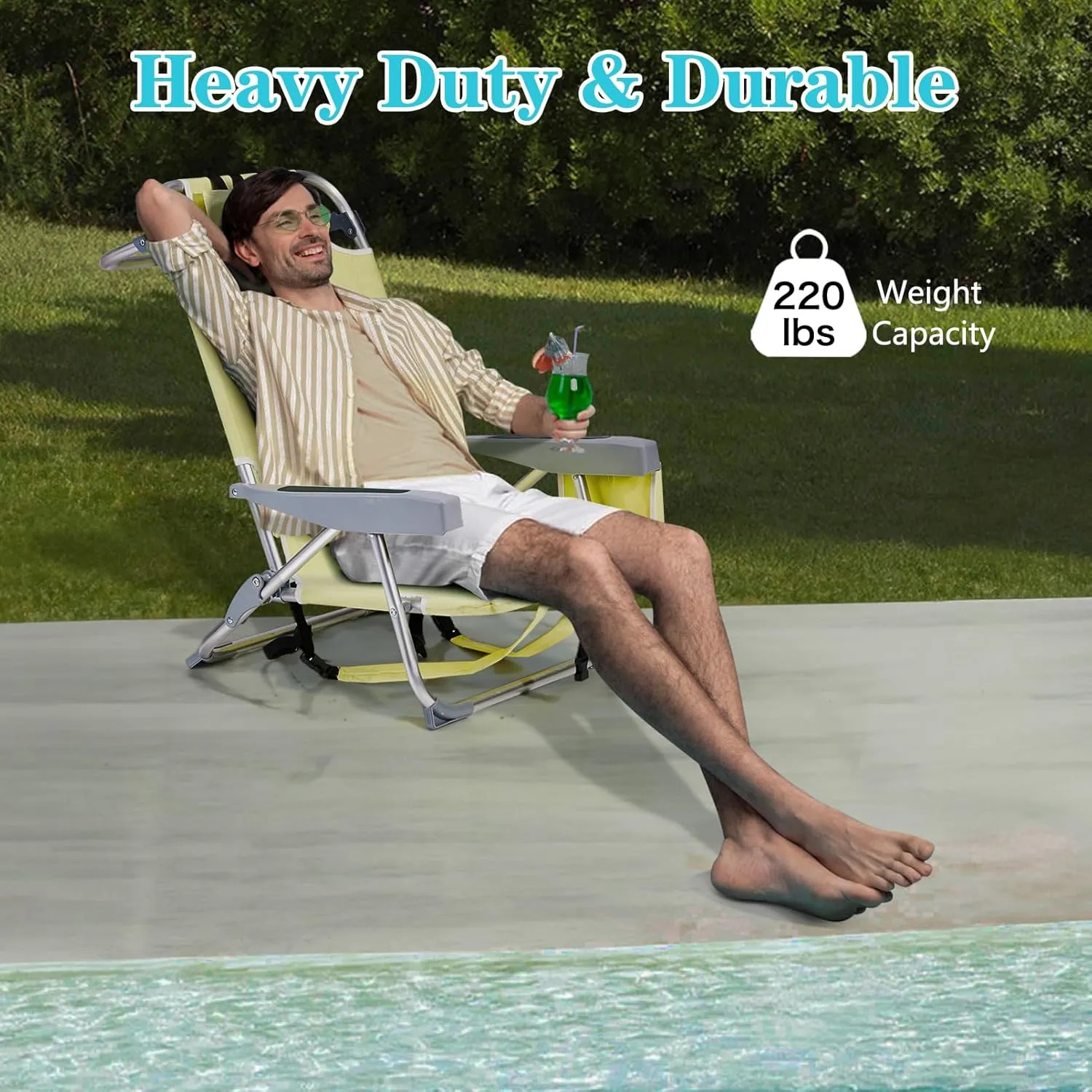Folding Low Beach Chair for Adults,5 Positions Reclining Camping Chair Aluminum Portable Lawn Chair w/Headrest and Cooler Pockets,Camp Chair for Fishing,Picnics,Sports,Tailgates,220lbs Support,Yellow