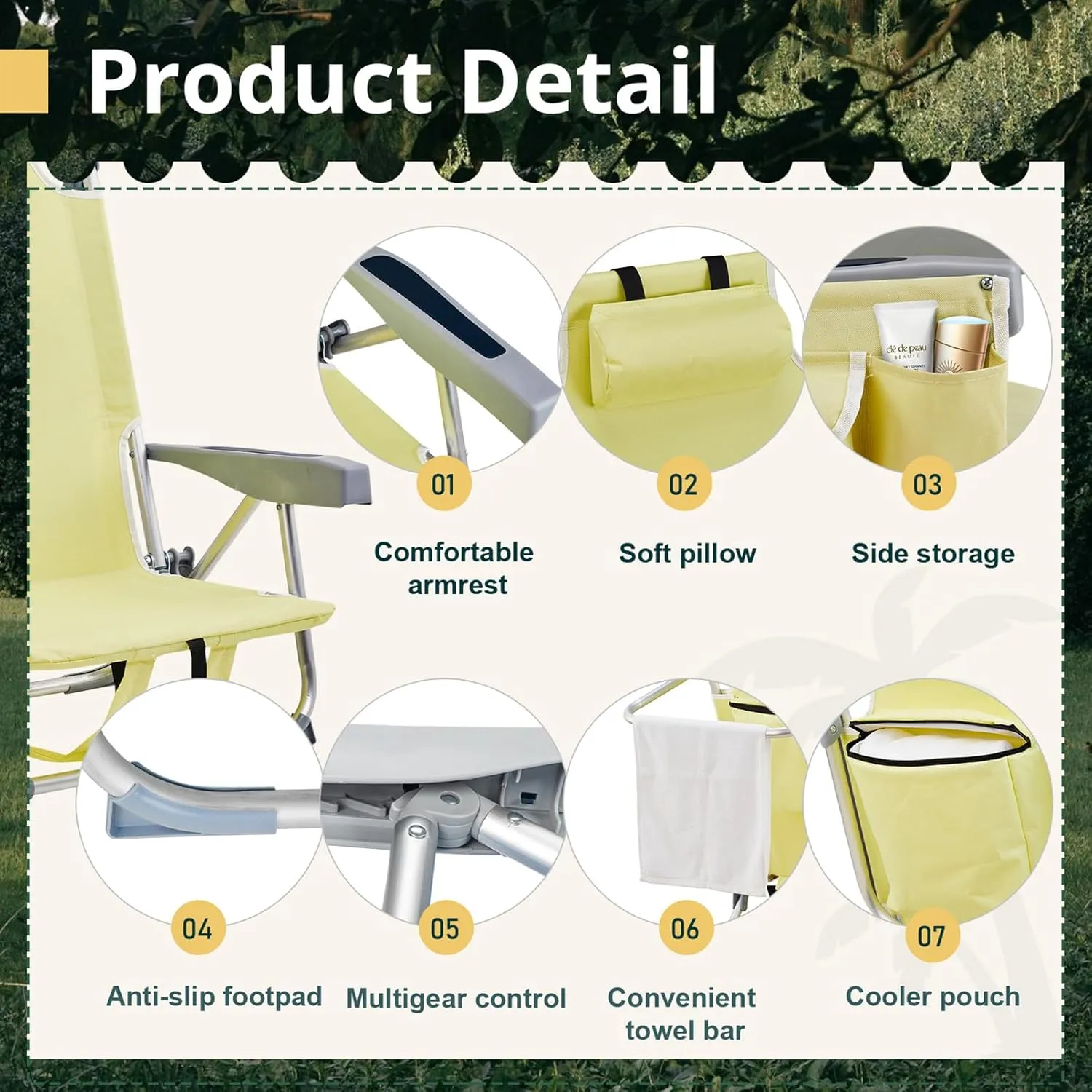 Folding Low Beach Chair for Adults,5 Positions Reclining Camping Chair Aluminum Portable Lawn Chair w/Headrest and Cooler Pockets,Camp Chair for Fishing,Picnics,Sports,Tailgates,220lbs Support,Yellow