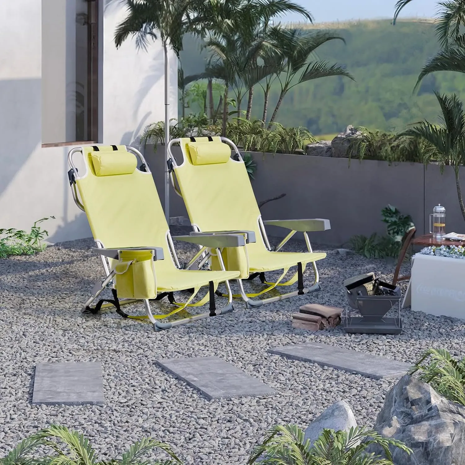 Folding Low Beach Chair for Adults,5 Positions Reclining Camping Chair Aluminum Portable Lawn Chair w/Headrest and Cooler Pockets,Camp Chair for Fishing,Picnics,Sports,Tailgates,220lbs Support,Yellow