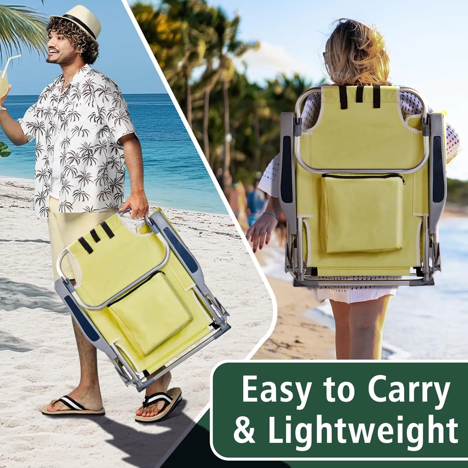 Folding Low Beach Chair for Adults,5 Positions Reclining Camping Chair Aluminum Portable Lawn Chair w/Headrest and Cooler Pockets,Camp Chair for Fishing,Picnics,Sports,Tailgates,220lbs Support,Yellow