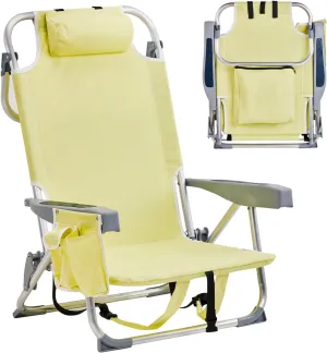 Folding Low Beach Chair for Adults,5 Positions Reclining Camping Chair Aluminum Portable Lawn Chair w/Headrest and Cooler Pockets,Camp Chair for Fishing,Picnics,Sports,Tailgates,220lbs Support,Yellow