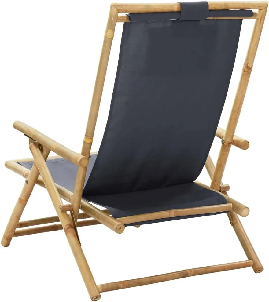 Folding Reclining Chair Dark Gray Bamboo Fabric Adjustable Backrest Outdoor Lounge Chair for Patio Beach Garden Lounge and Relaxation