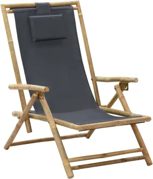 Folding Reclining Chair Dark Gray Bamboo Fabric Adjustable Backrest Outdoor Lounge Chair for Patio Beach Garden Lounge and Relaxation