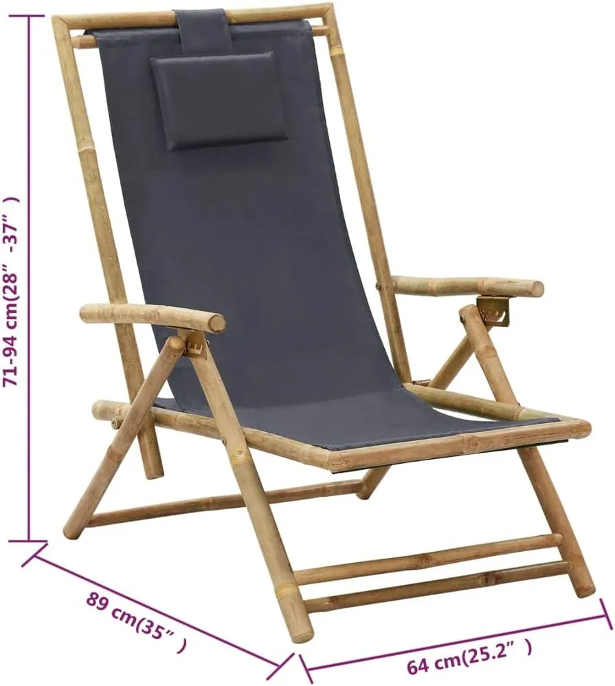 Folding Reclining Chair Dark Gray Bamboo Fabric Adjustable Backrest Outdoor Lounge Chair for Patio Beach Garden Lounge and Relaxation