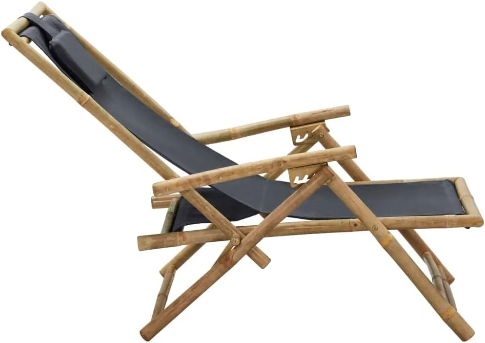 Folding Reclining Chair Dark Gray Bamboo Fabric Adjustable Backrest Outdoor Lounge Chair for Patio Beach Garden Lounge and Relaxation