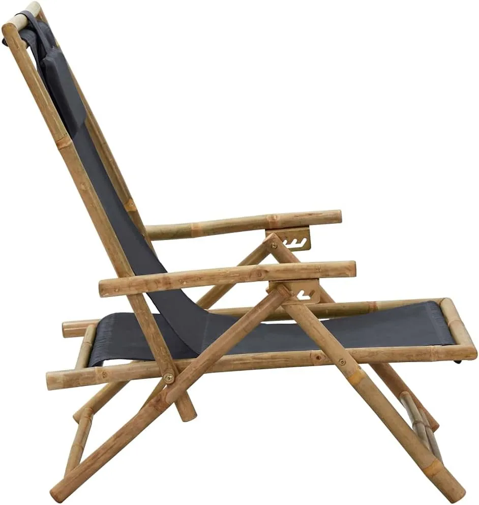 Folding Reclining Chair Dark Gray Bamboo Fabric Adjustable Backrest Outdoor Lounge Chair for Patio Beach Garden Lounge and Relaxation