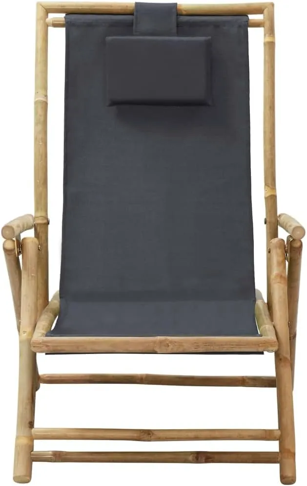 Folding Reclining Chair Dark Gray Bamboo Fabric Adjustable Backrest Outdoor Lounge Chair for Patio Beach Garden Lounge and Relaxation