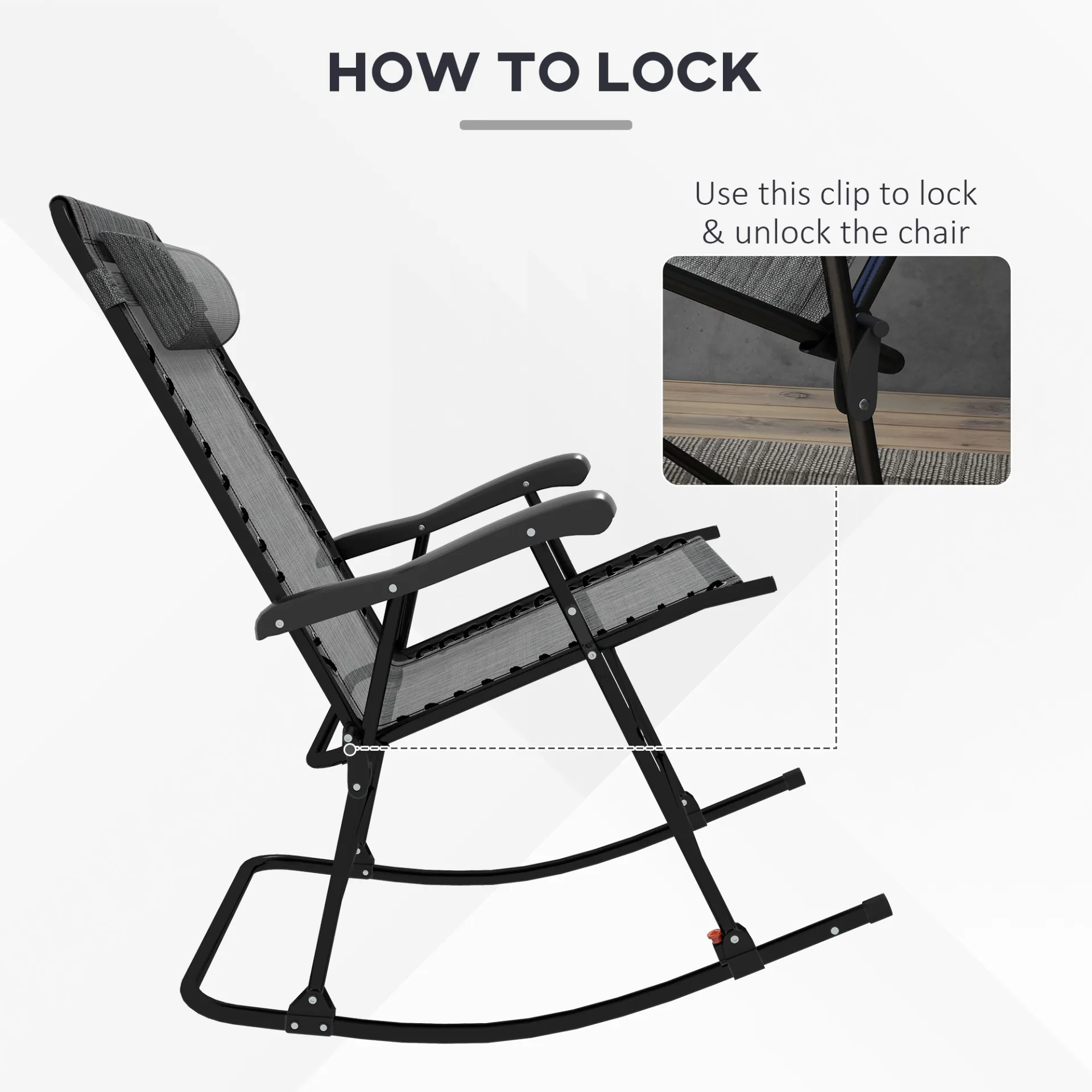 Folding Rocking Chair Outdoor Portable Zero Gravity Chair with Headrest in Grey | Outsunny