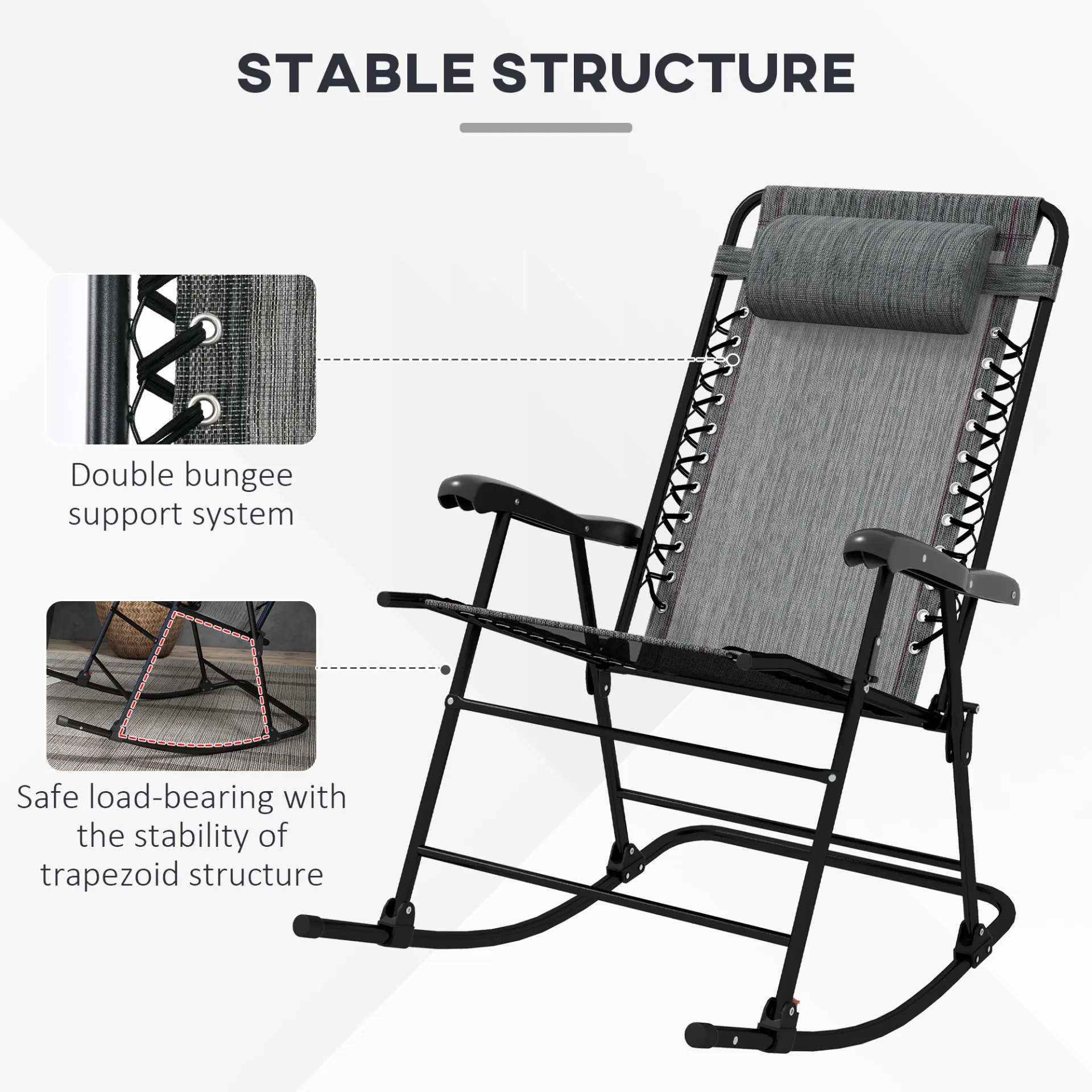 Folding Rocking Chair Outdoor Portable Zero Gravity Chair with Headrest in Grey | Outsunny