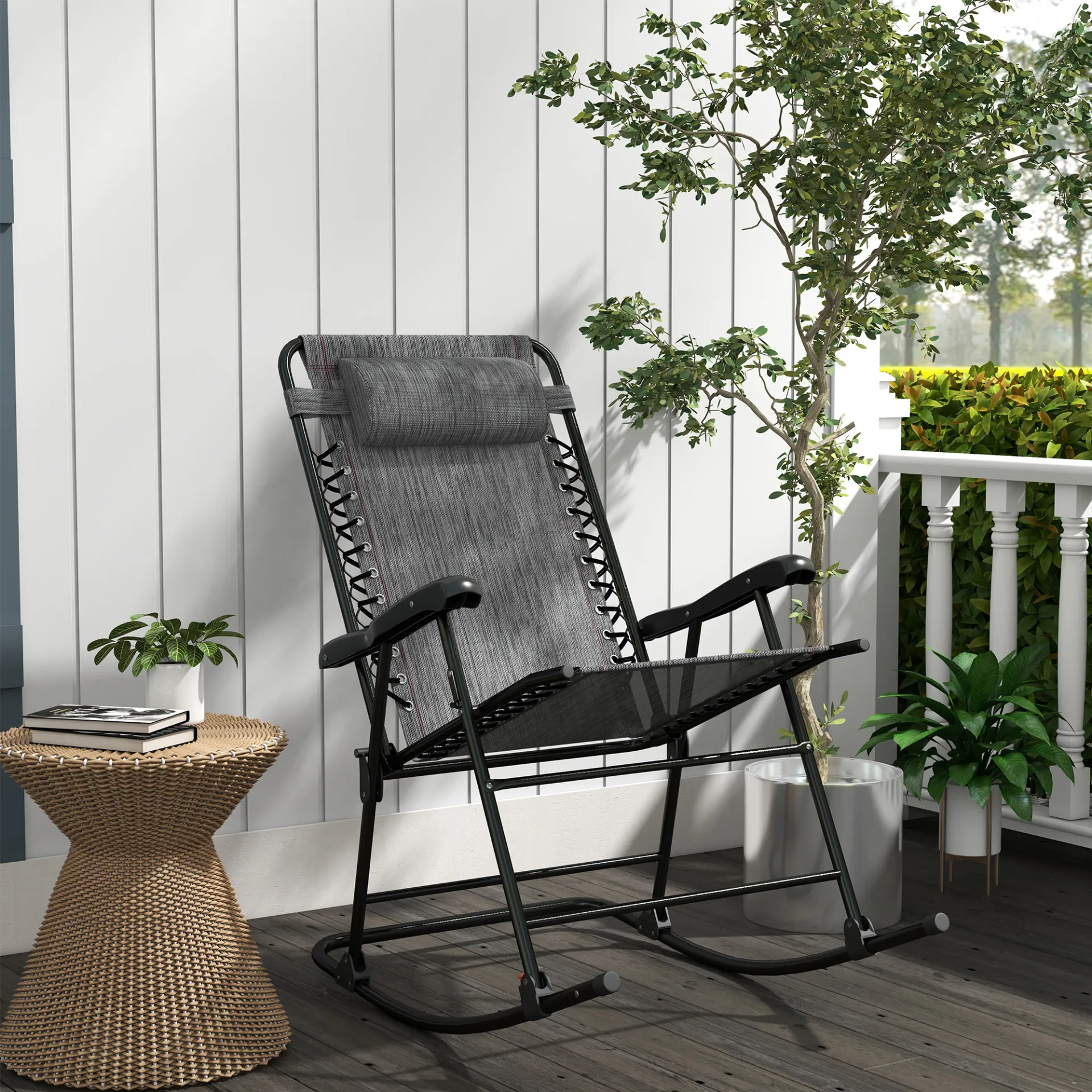 Folding Rocking Chair Outdoor Portable Zero Gravity Chair with Headrest in Grey | Outsunny