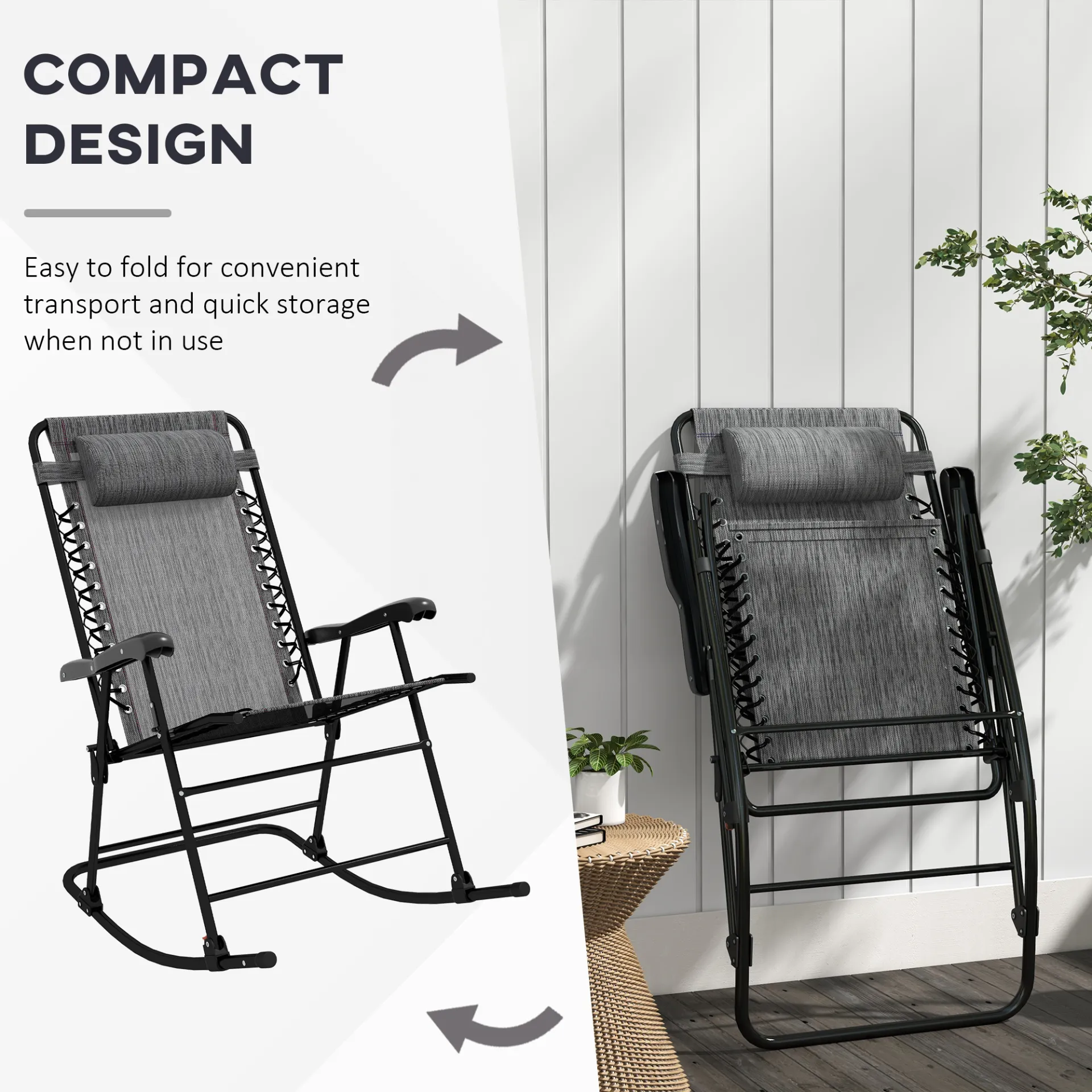 Folding Rocking Chair Outdoor Portable Zero Gravity Chair with Headrest in Grey | Outsunny