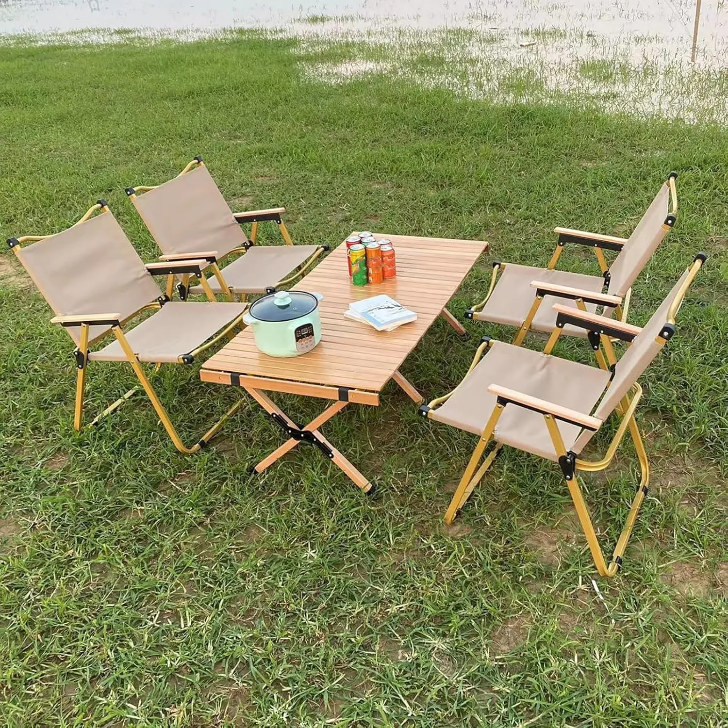 Folding Table and Folding Chair Set - Foldable Camping Table and Chair, Easy to Fold and Store for Events Indoor Outdoor Use for All Occasions,Beige