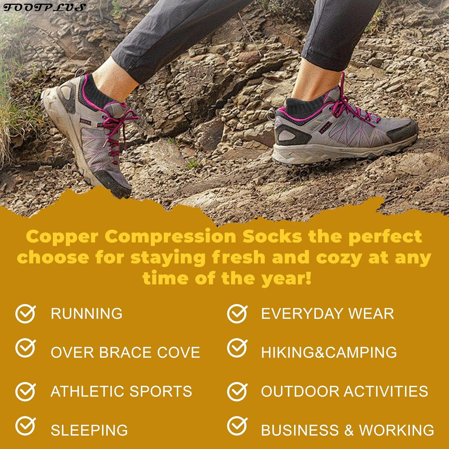 FOOTPLUS Copper Compression Socks,Unisex Cushioned Sole Arch Support Athletic Ankle/Crew Running Hiking Socks
