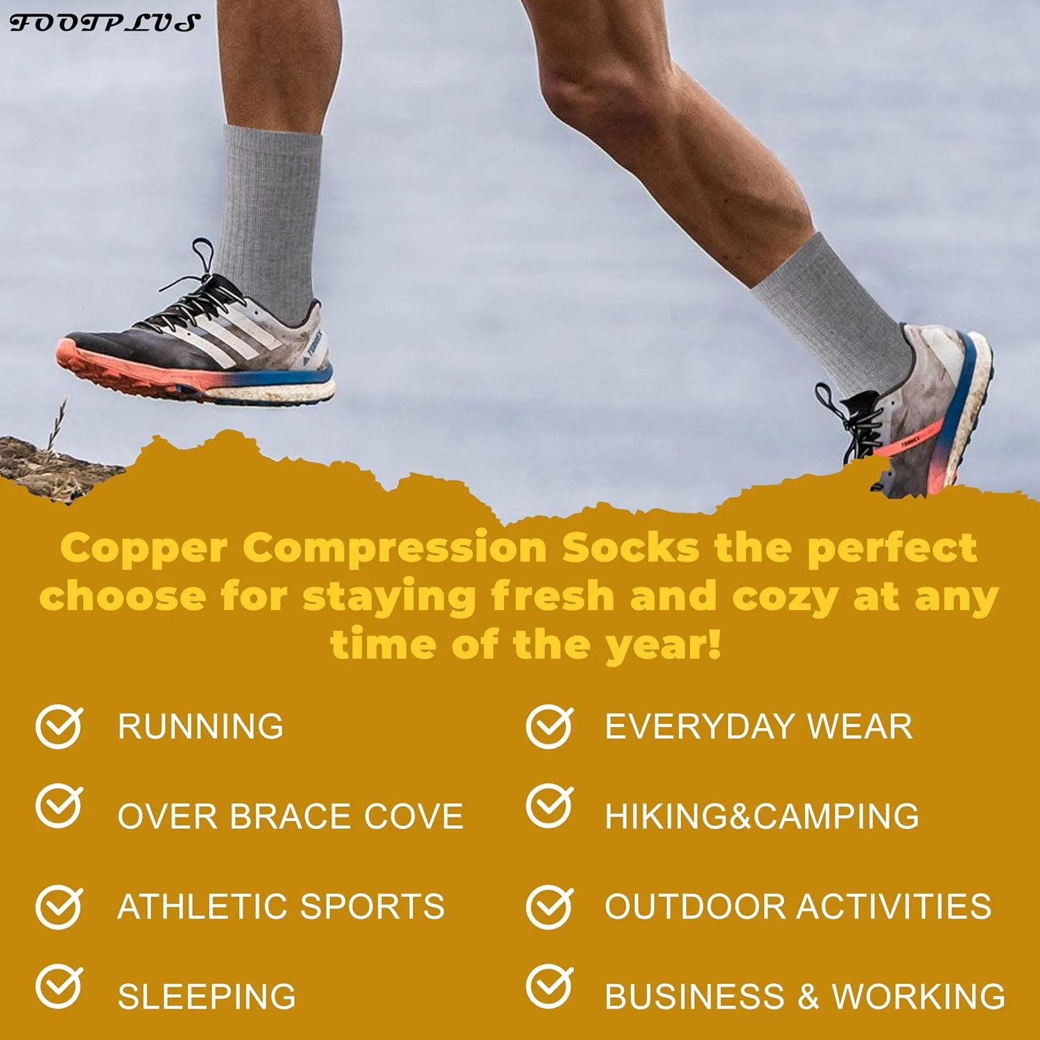 FOOTPLUS Hiking Copper Compression Socks,Unisex Cushioned Sole Arch Support Athletic Crew Running Socks