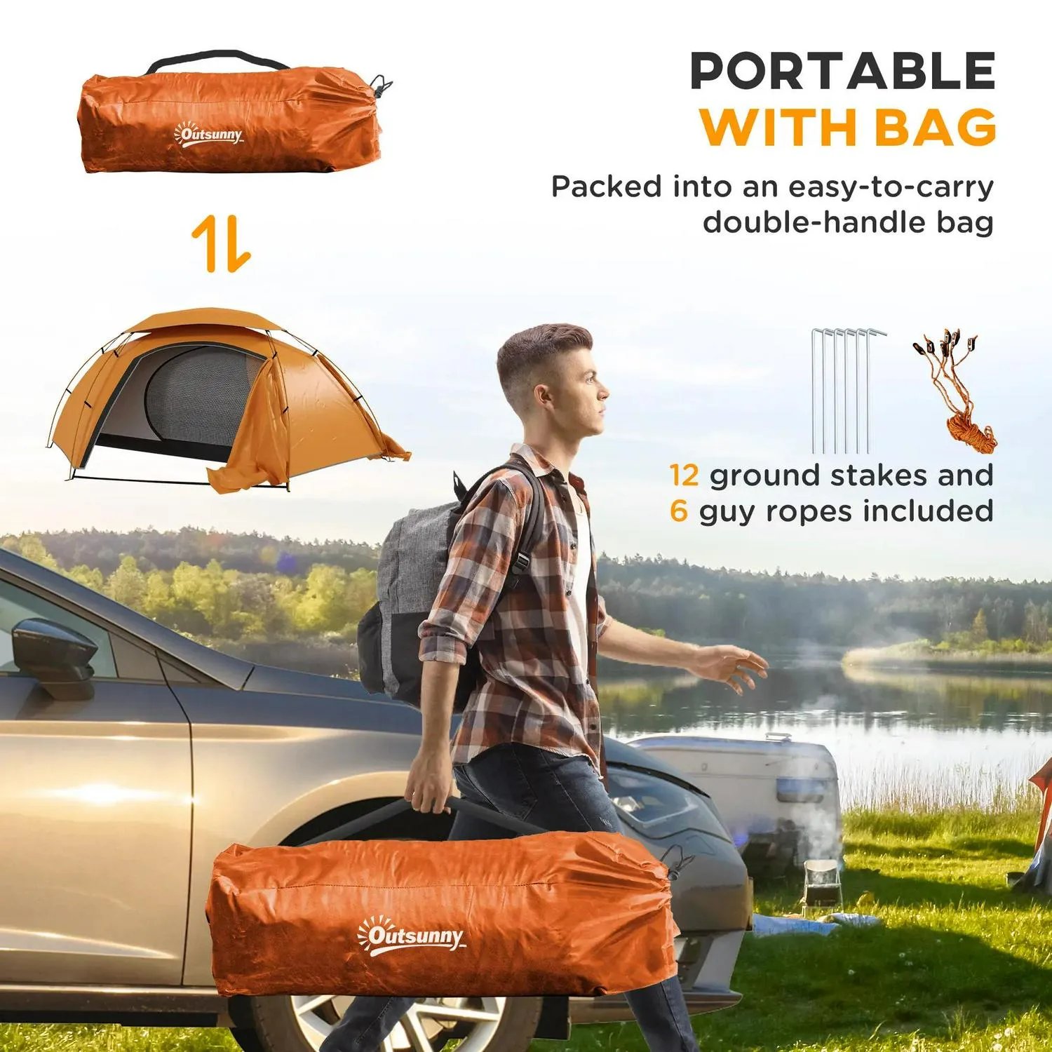 Frame, Rainfly 1 Self Touch-sensitive Person Portable Tent And With For Camping Outsunny Aluminium Inflatable Fishing Waterproof, Bags, 2000mm Large assortment Mattress, Hiking, Removable Orange/Grey Dome