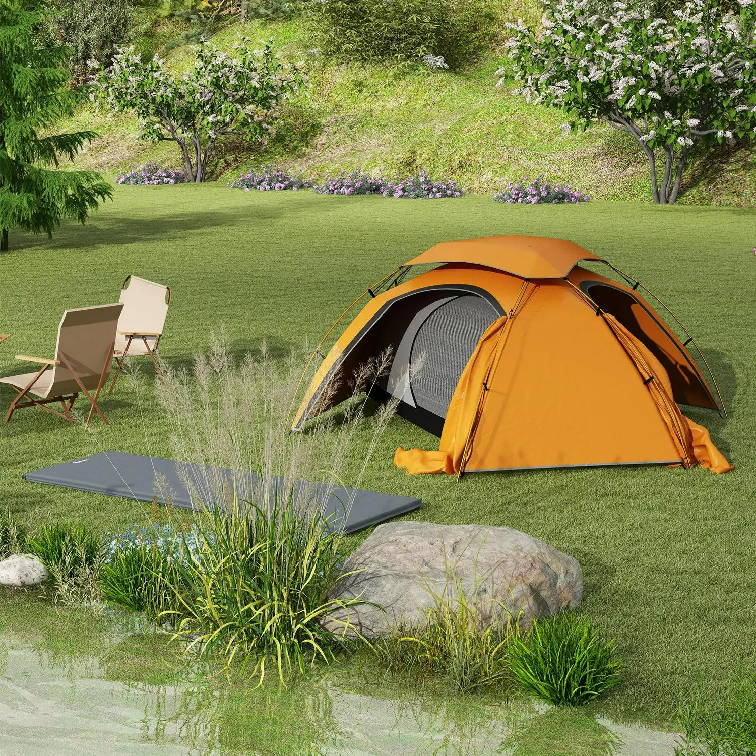 Frame, Rainfly 1 Self Touch-sensitive Person Portable Tent And With For Camping Outsunny Aluminium Inflatable Fishing Waterproof, Bags, 2000mm Large assortment Mattress, Hiking, Removable Orange/Grey Dome