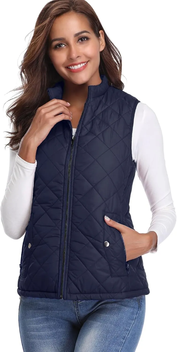 Fuinloth Women's Quilted Vest, Stand Collar Lightweight Zip Padded Gilet
