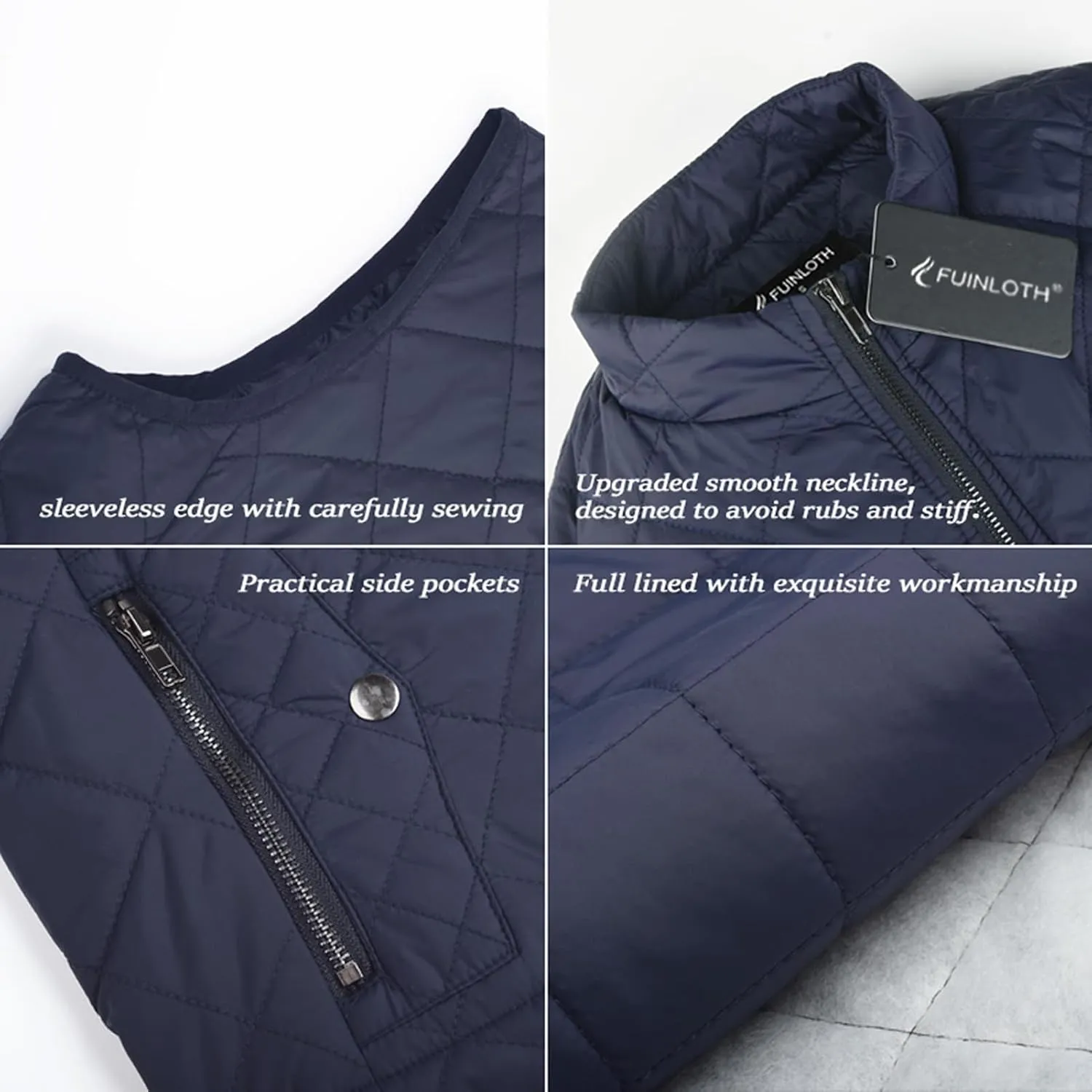 Fuinloth Women's Quilted Vest, Stand Collar Lightweight Zip Padded Gilet