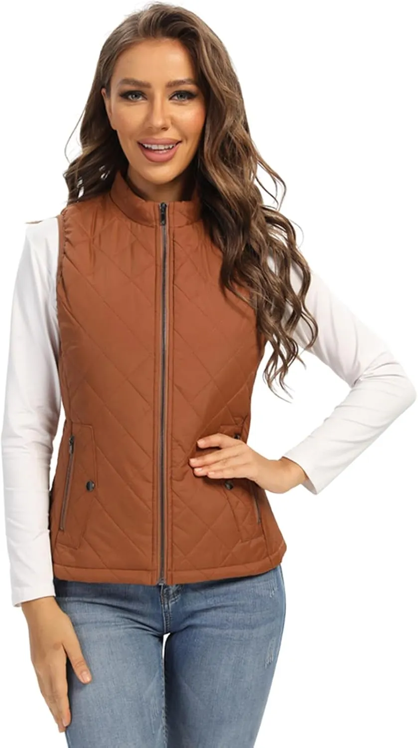Fuinloth Women's Quilted Vest, Stand Collar Lightweight Zip Padded Gilet