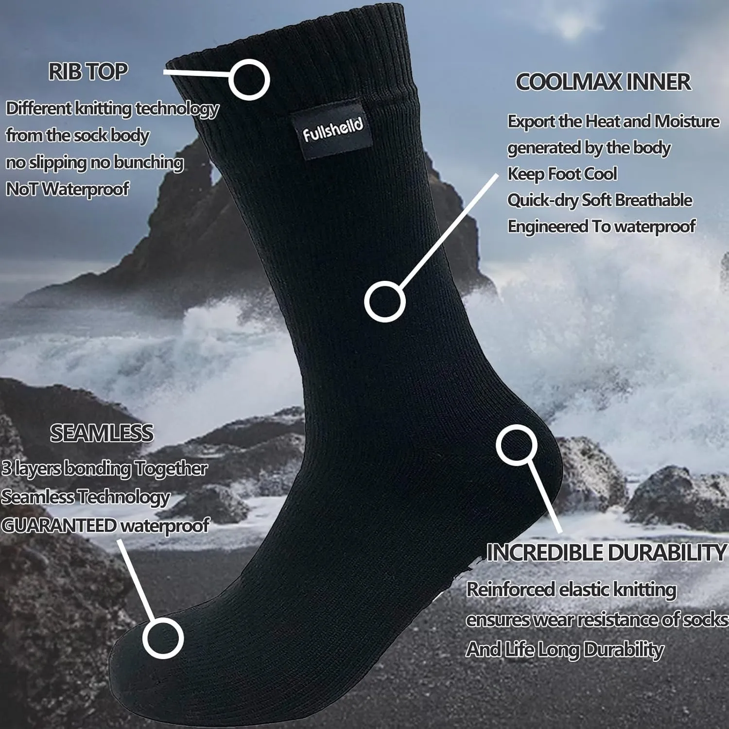 Fullsheild Men’s Waterproof Hiking Socks, Unisex Breathable Outdoor Athletic Hiking Wading Trail Running Skiing Crew Socks