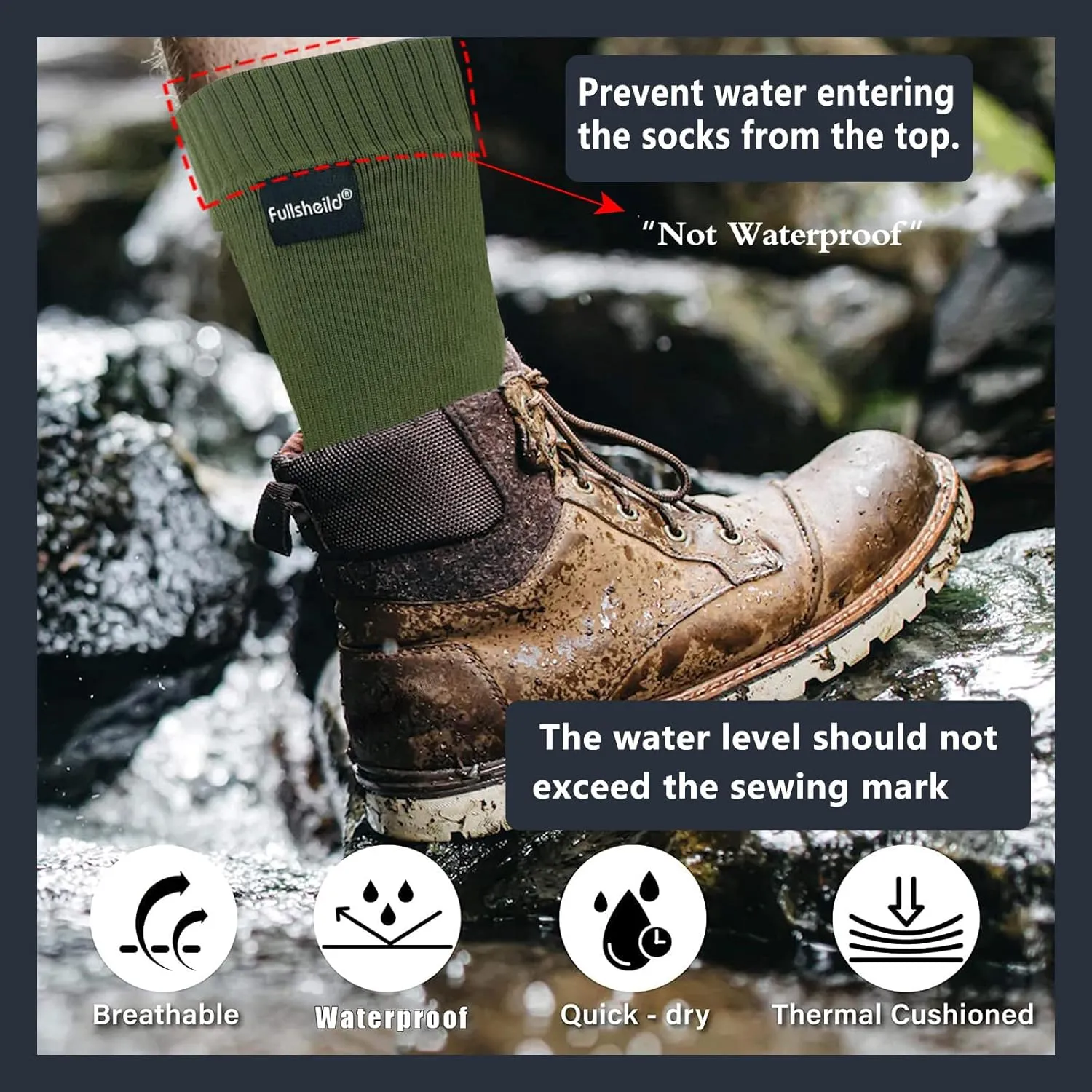 Fullsheild Men’s Waterproof Hiking Socks, Unisex Breathable Outdoor Athletic Hiking Wading Trail Running Skiing Crew Socks