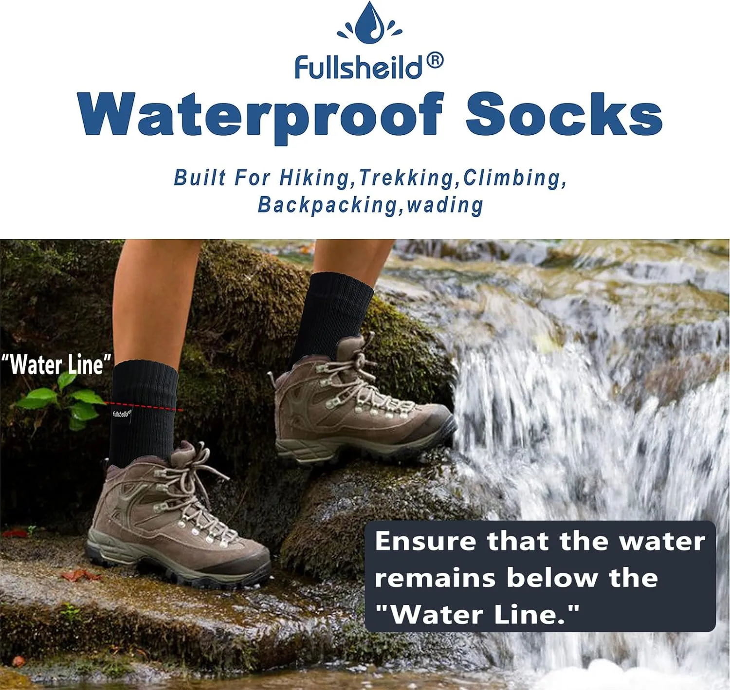 Fullsheild Men’s Waterproof Hiking Socks, Unisex Breathable Outdoor Athletic Hiking Wading Trail Running Skiing Crew Socks