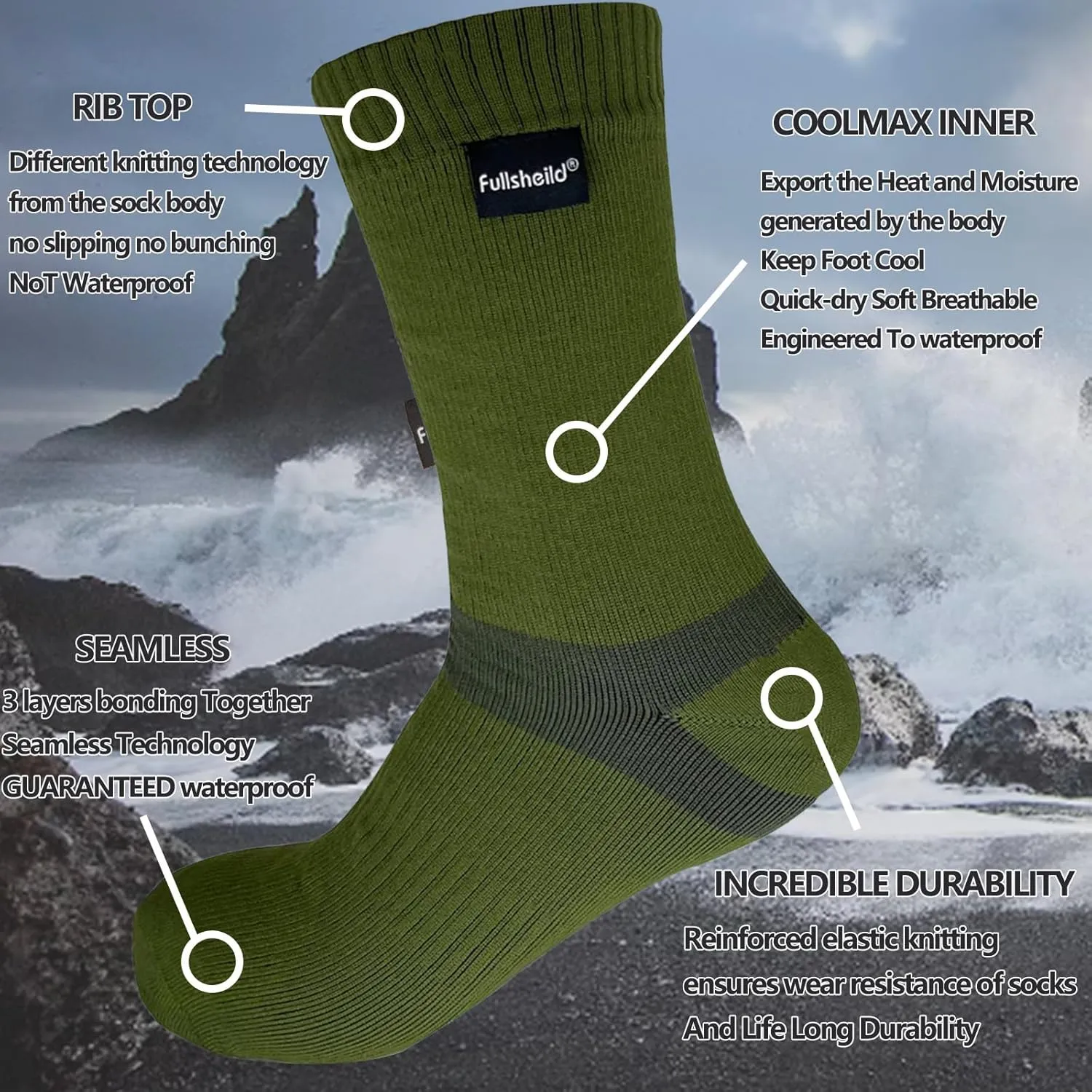 Fullsheild Men’s Waterproof Hiking Socks, Unisex Breathable Outdoor Athletic Hiking Wading Trail Running Skiing Crew Socks