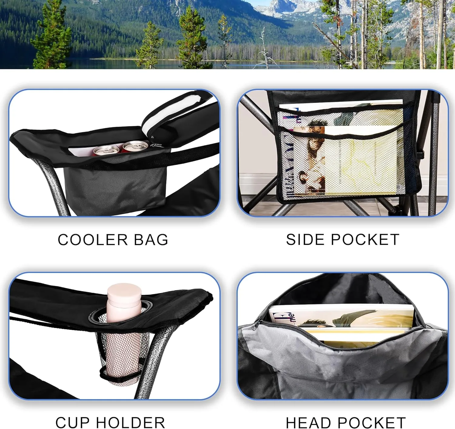 Fully Padded Camping Chair, Oversized Heavy Duty Lawn Chair with Cooler Bag,Side Pocket,Cup Holder Support 400 lbs