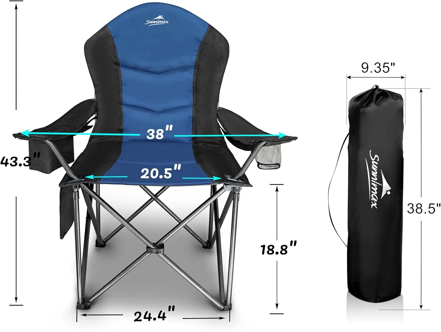 Fully Padded Camping Chair, Oversized Heavy Duty Lawn Chair with Cooler Bag,Side Pocket,Cup Holder Support 400 lbs