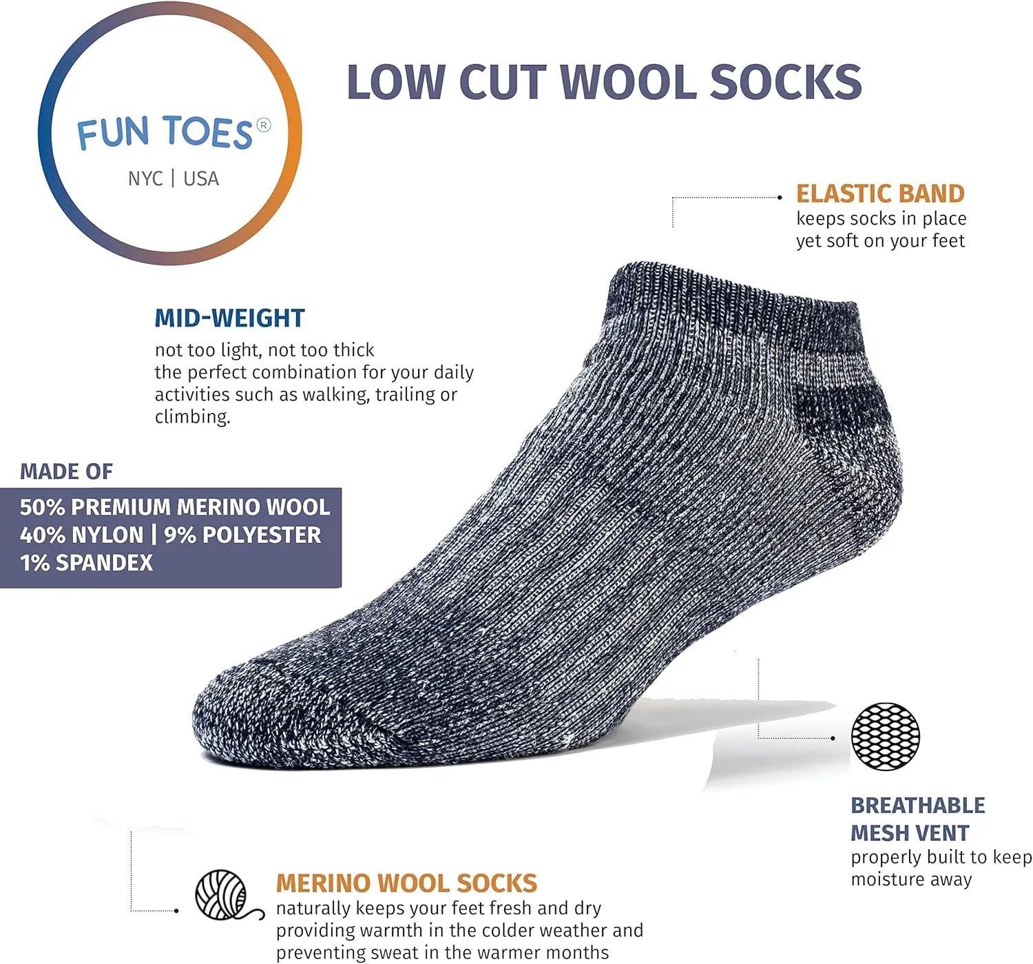 FUN TOES Low Cut Ankle Merino Wool Mens Hiking Running Socks Compression Arch Support Cushioned 6 Pairs