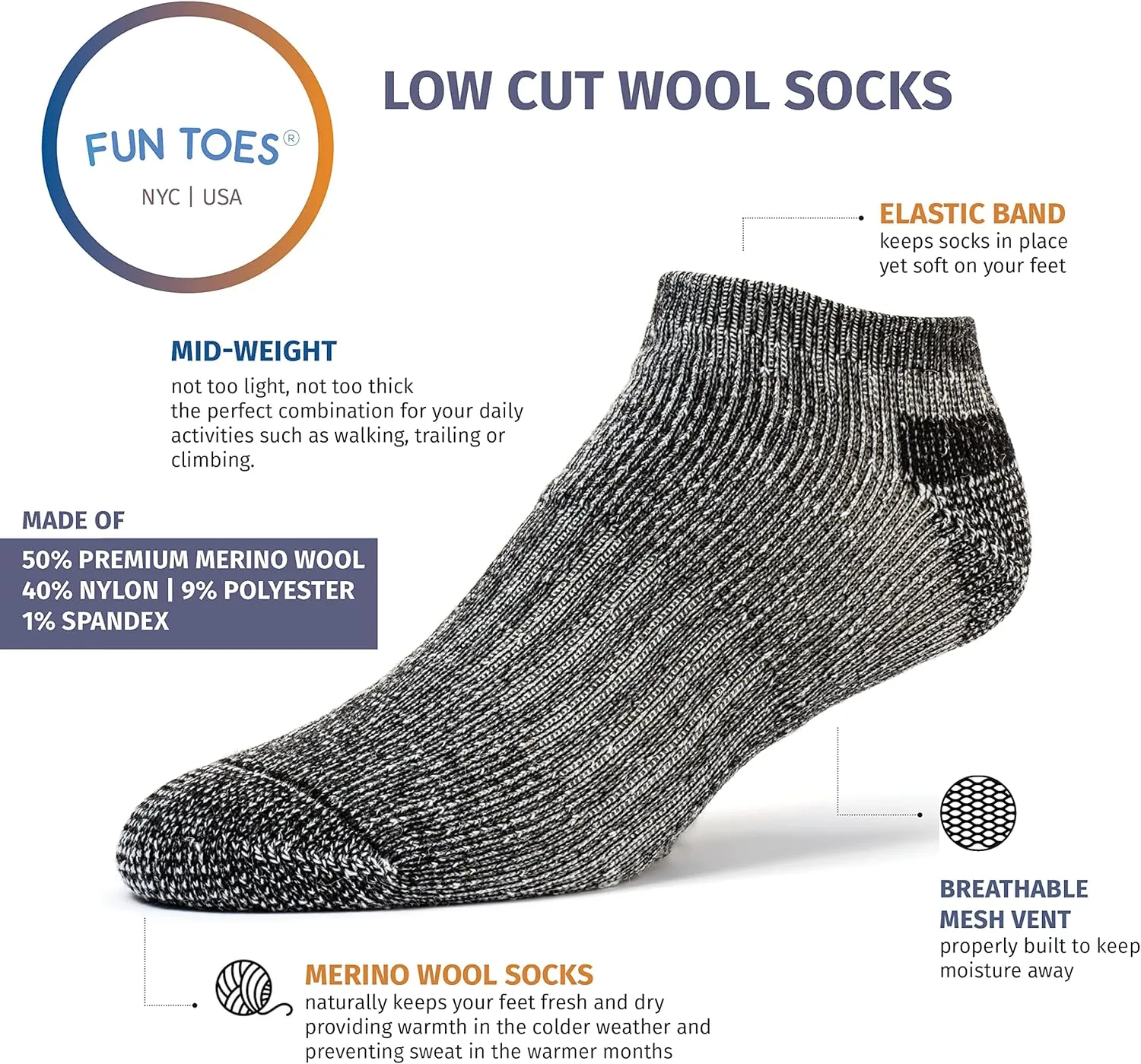 FUN TOES Low Cut Ankle Merino Wool Mens Hiking Running Socks Compression Arch Support Cushioned 6 Pairs