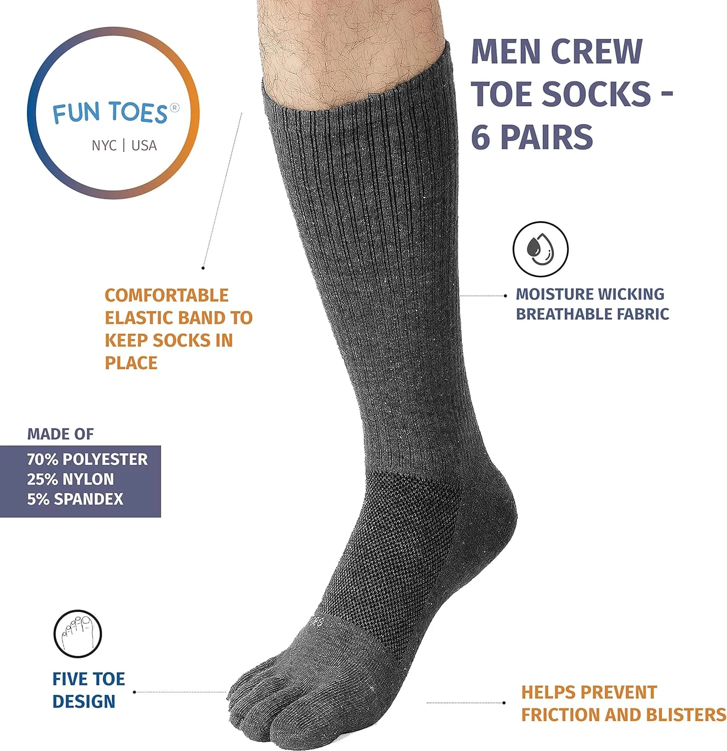 FUN TOES Men Crew Toe Socks Athletic Running - Proper Toe Alignment - Breathable Mesh Top - Value 6 Pairs Pack size 6-12