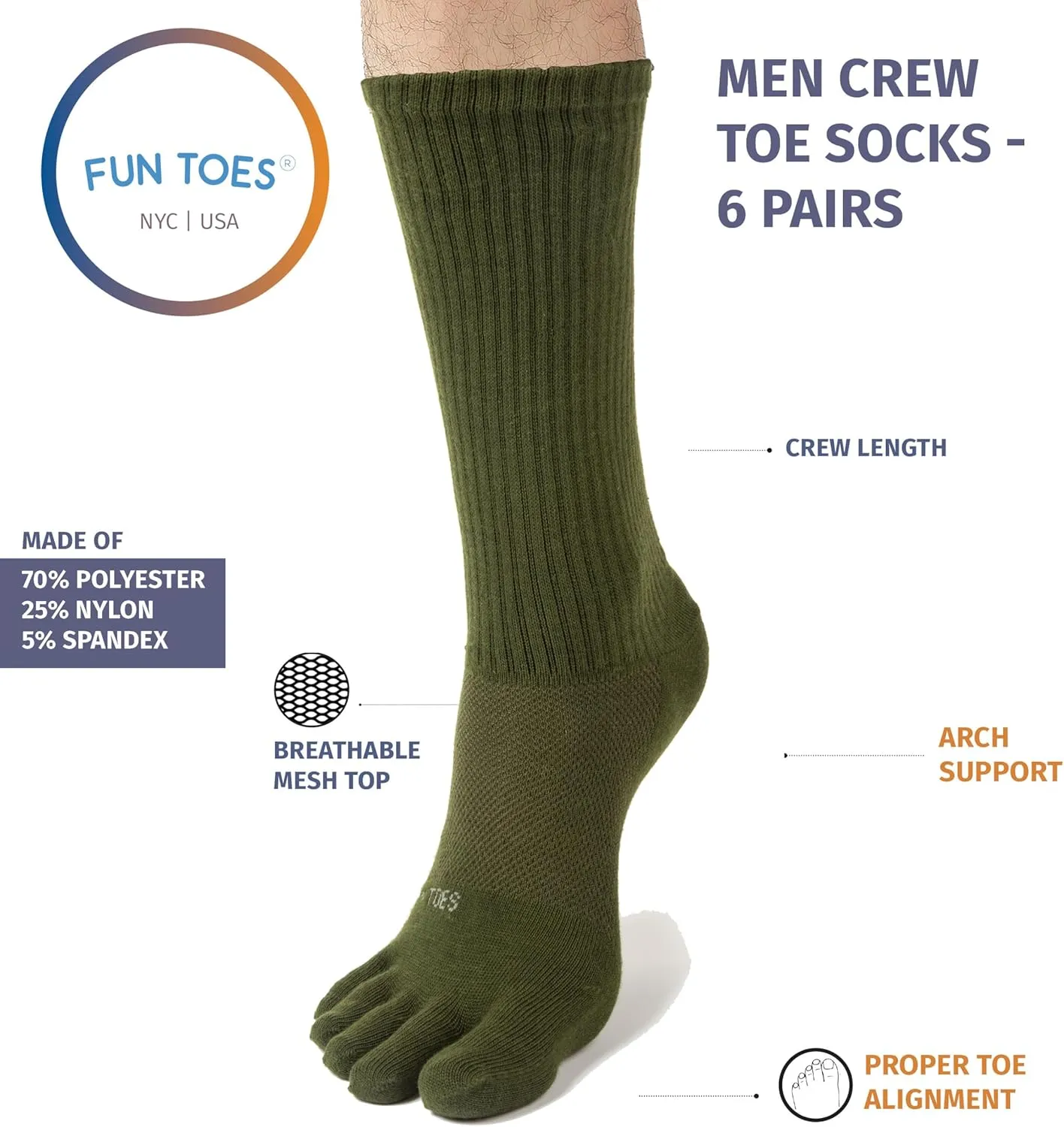 FUN TOES Men Crew Toe Socks Athletic Running - Proper Toe Alignment - Breathable Mesh Top - Value 6 Pairs Pack size 6-12