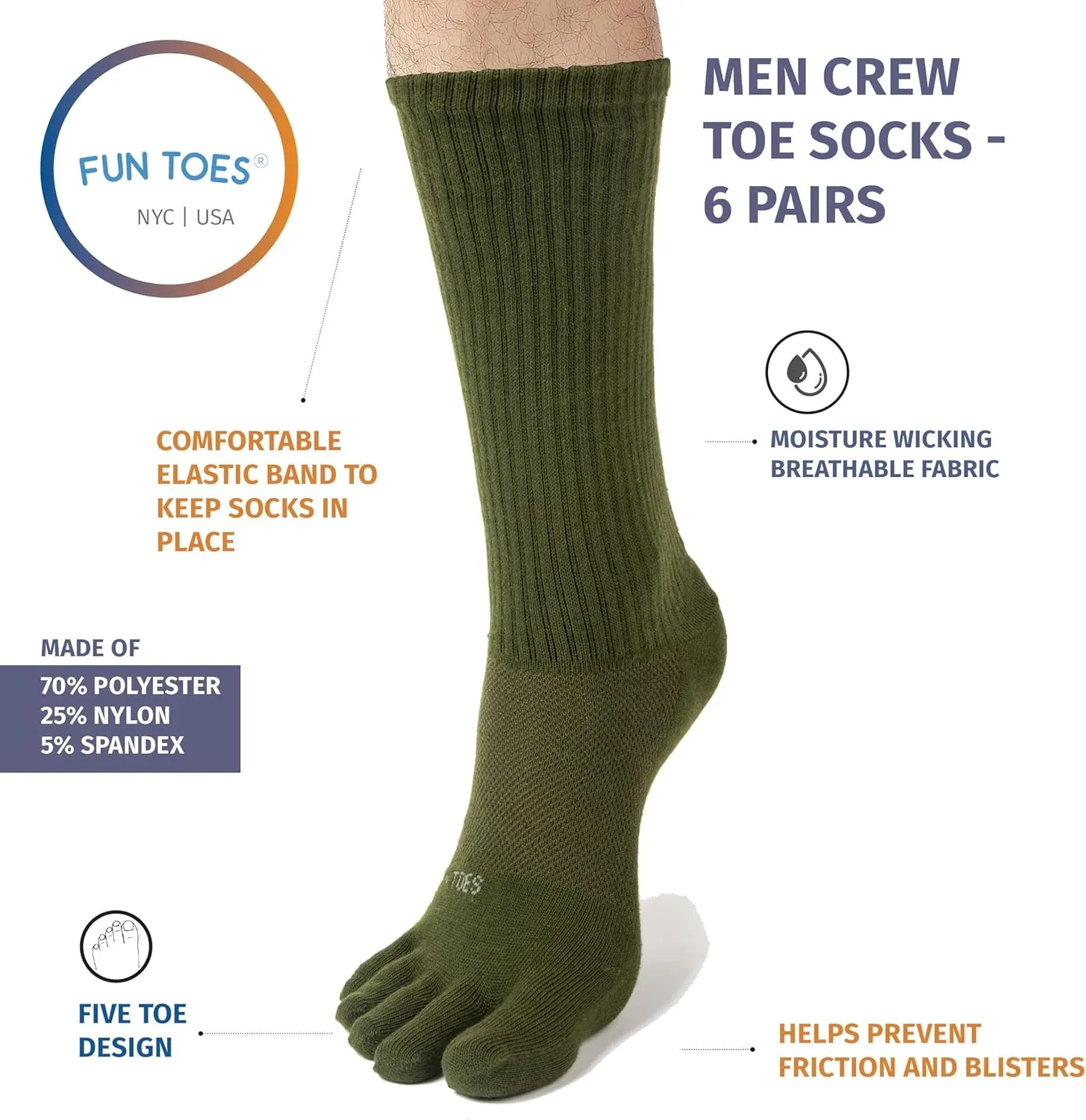 FUN TOES Men Crew Toe Socks Athletic Running - Proper Toe Alignment - Breathable Mesh Top - Value 6 Pairs Pack size 6-12