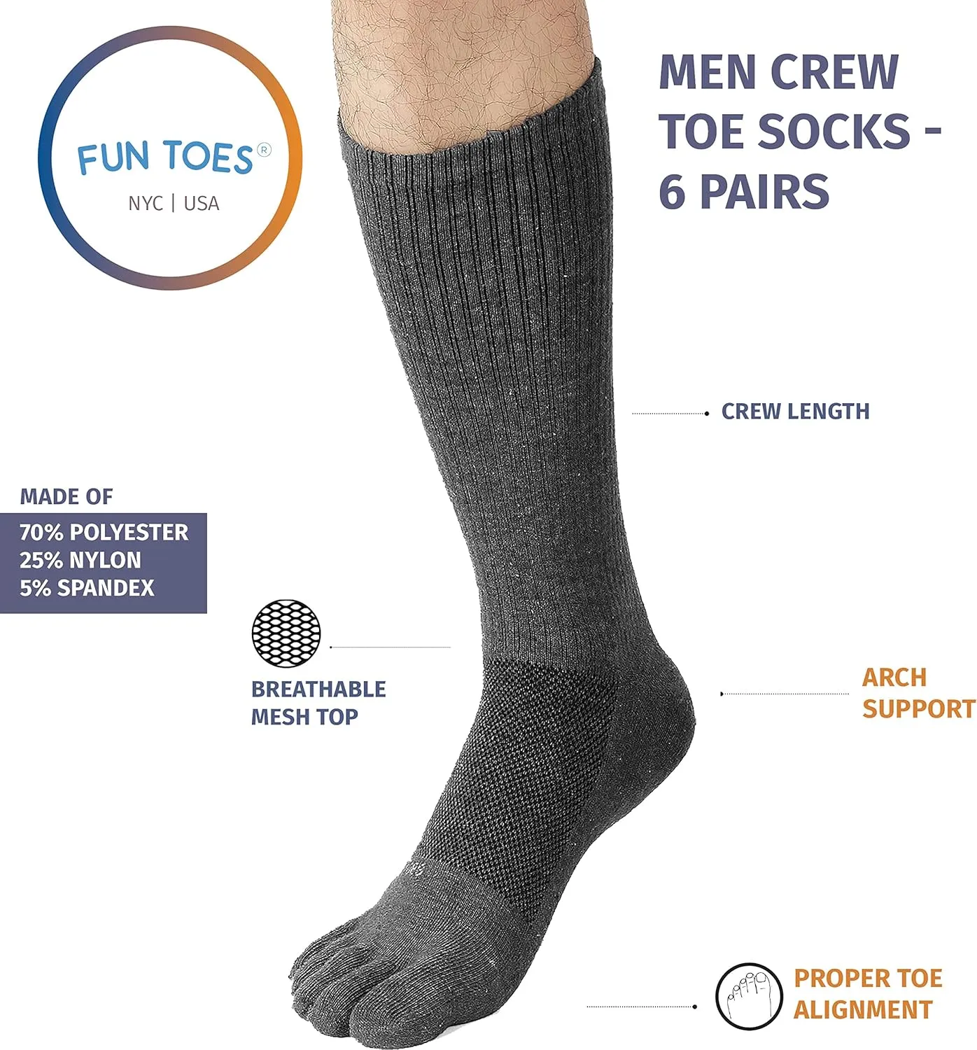 FUN TOES Men Crew Toe Socks Athletic Running - Proper Toe Alignment - Breathable Mesh Top - Value 6 Pairs Pack size 6-12