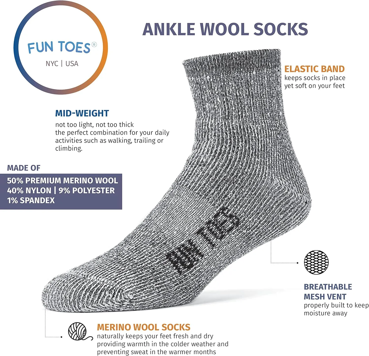 FUN TOES Merino Wool Ankle Hiking Socks For Men and Women - Arch Support and Cushioning - 6 Pairs
