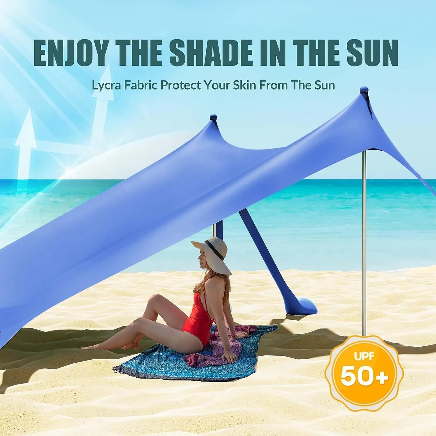 Gardentime Beach Tent Canopy with 8 Sandbags 4 Aluminum Poles, Pop Up Portable Camping Sun Shelter, Easy Set Up with 2 Sand Shovel, Ground Pegs, Carrying Bag for Outdoor Beach,Picnic, Fishing