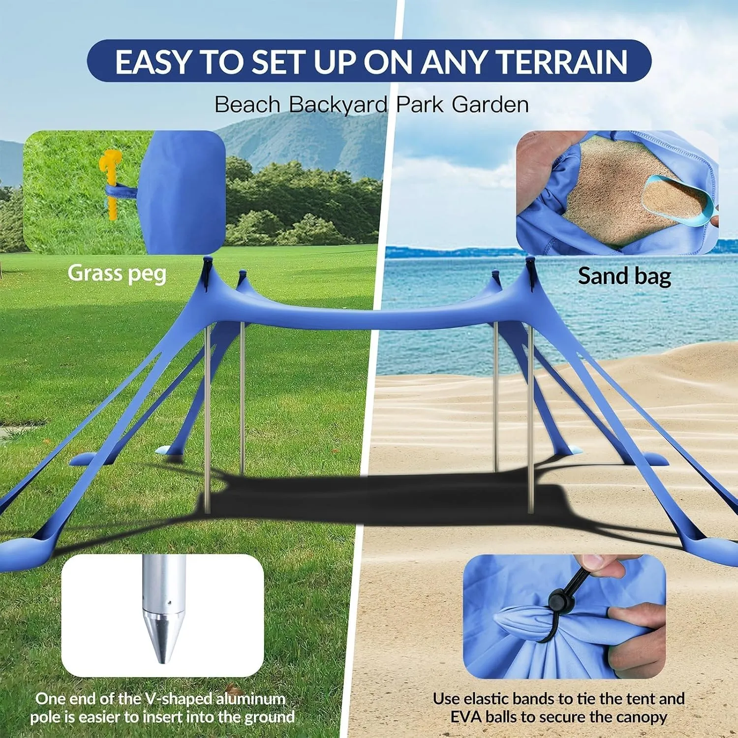 Gardentime Beach Tent Canopy with 8 Sandbags 4 Aluminum Poles, Pop Up Portable Camping Sun Shelter, Easy Set Up with 2 Sand Shovel, Ground Pegs, Carrying Bag for Outdoor Beach,Picnic, Fishing