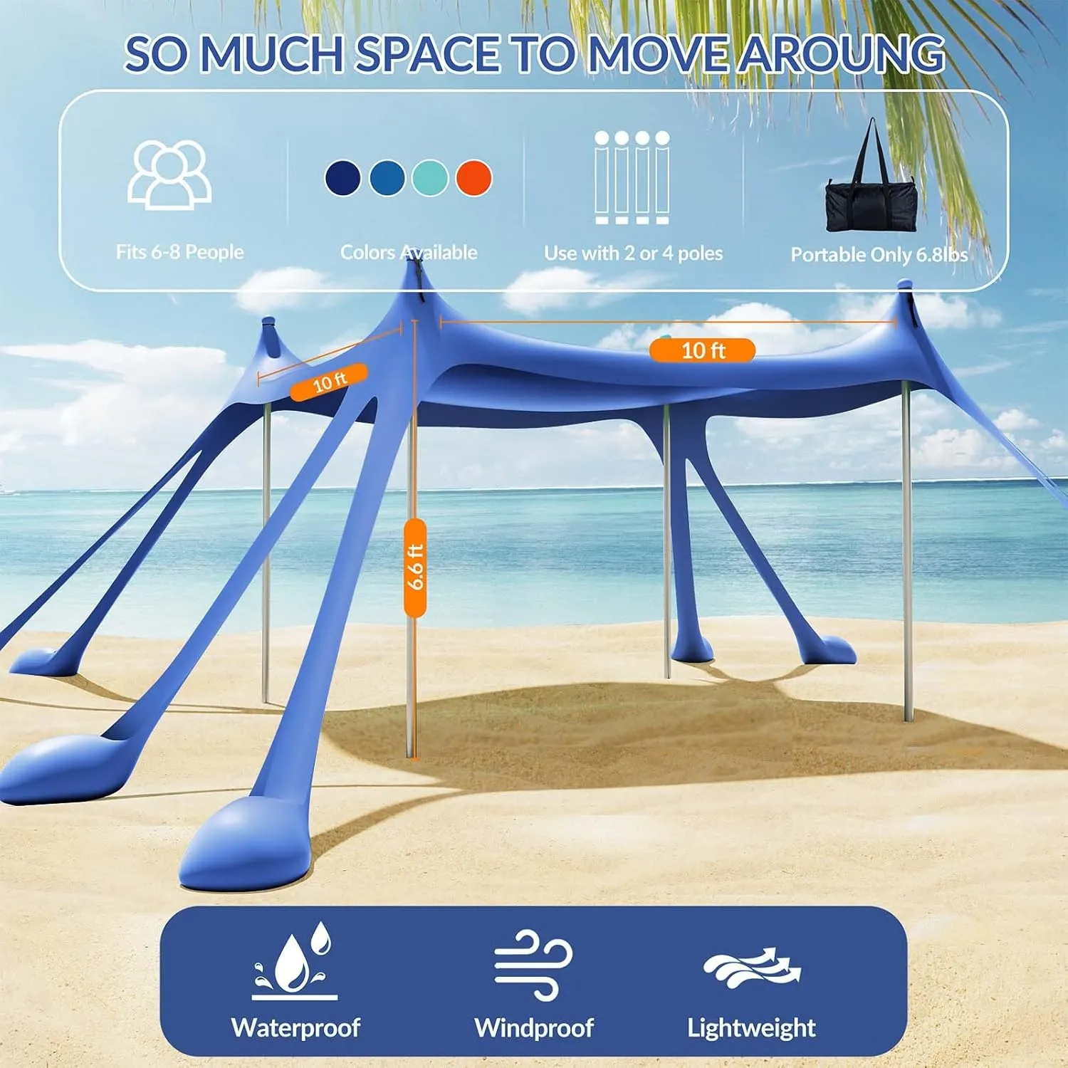 Gardentime Beach Tent Canopy with 8 Sandbags 4 Aluminum Poles, Pop Up Portable Camping Sun Shelter, Easy Set Up with 2 Sand Shovel, Ground Pegs, Carrying Bag for Outdoor Beach,Picnic, Fishing