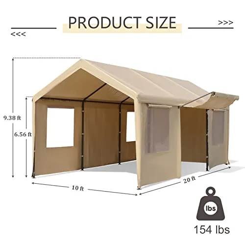 Gardesol Carport, 10’ x 20’ Heavy Duty Carport with Roll-up Sidewall and Ventilated Windows, Portable Outdoor Garage for Car, Truck, SUV, Boat, Car